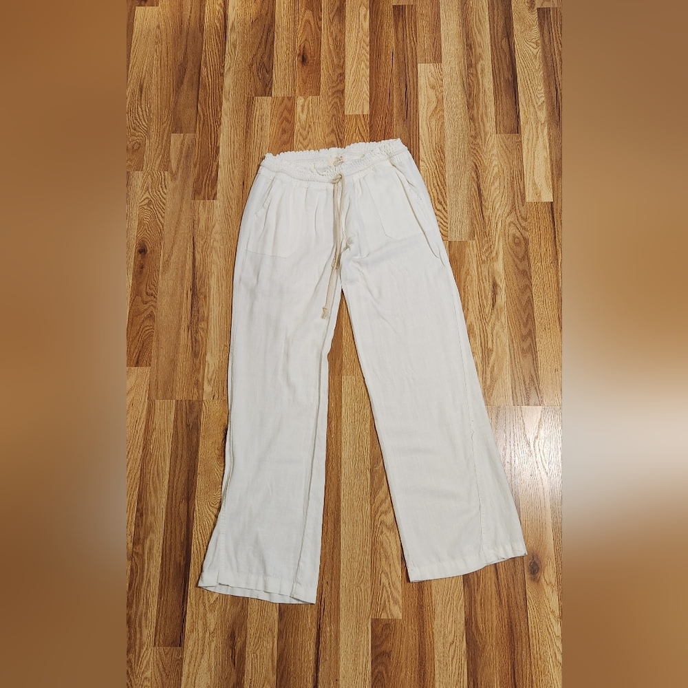 Lightweight Cream Drawstring Wide-Leg Linen Pants